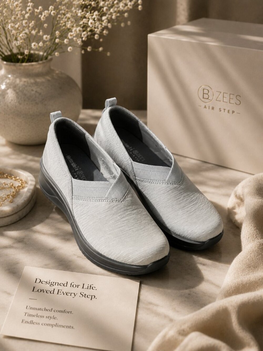 Bzees Life Stride Air Step Game Plan Misty Gray Washable Knit Slip-On Size 7